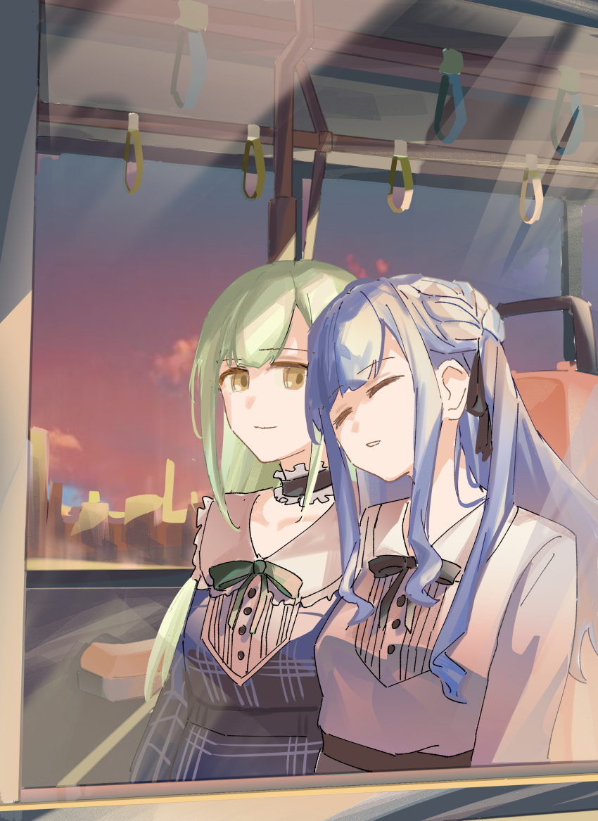 2girls absurdres bang_dream! bang_dream!_it's_mygo!!!!! black_choker black_ribbon blue_dress blue_hair choker city closed_eyes closed_mouth commentary_request deep_dig dress dusk frilled_choker frills green_hair grey_dress hair_ribbon heads_together highres long_hair long_sleeves looking_at_another multiple_girls parted_lips ribbon sleeping smile togawa_sakiko train_interior two_side_up upper_body wakaba_mutsumi yellow_eyes