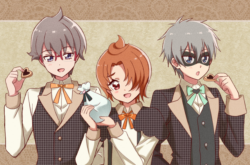 3boys :d :o absurdres argyle_clothes black_mask black_pepper_(precure) black_vest blue_eyes bow bowtie brooch brown_background cookie delicious_party_precure dot_nose food gift glasses green_bow green_bowtie grey_eyes grey_hair hair_over_one_eye hakuchuu heart heart_brooch highres hirogaru_sky!_precure holding holding_food holding_gift in-franchise_crossover jewelry lace_background looking_at_viewer male_focus messy_hair multiple_boys open_mouth orange_bow orange_bowtie orange_hair parted_bangs precure red_eyes shinada_takumi shirt smile toyama_satoru unmoving_pattern upper_body vest white_shirt wonderful_precure! yuunagi_tsubasa