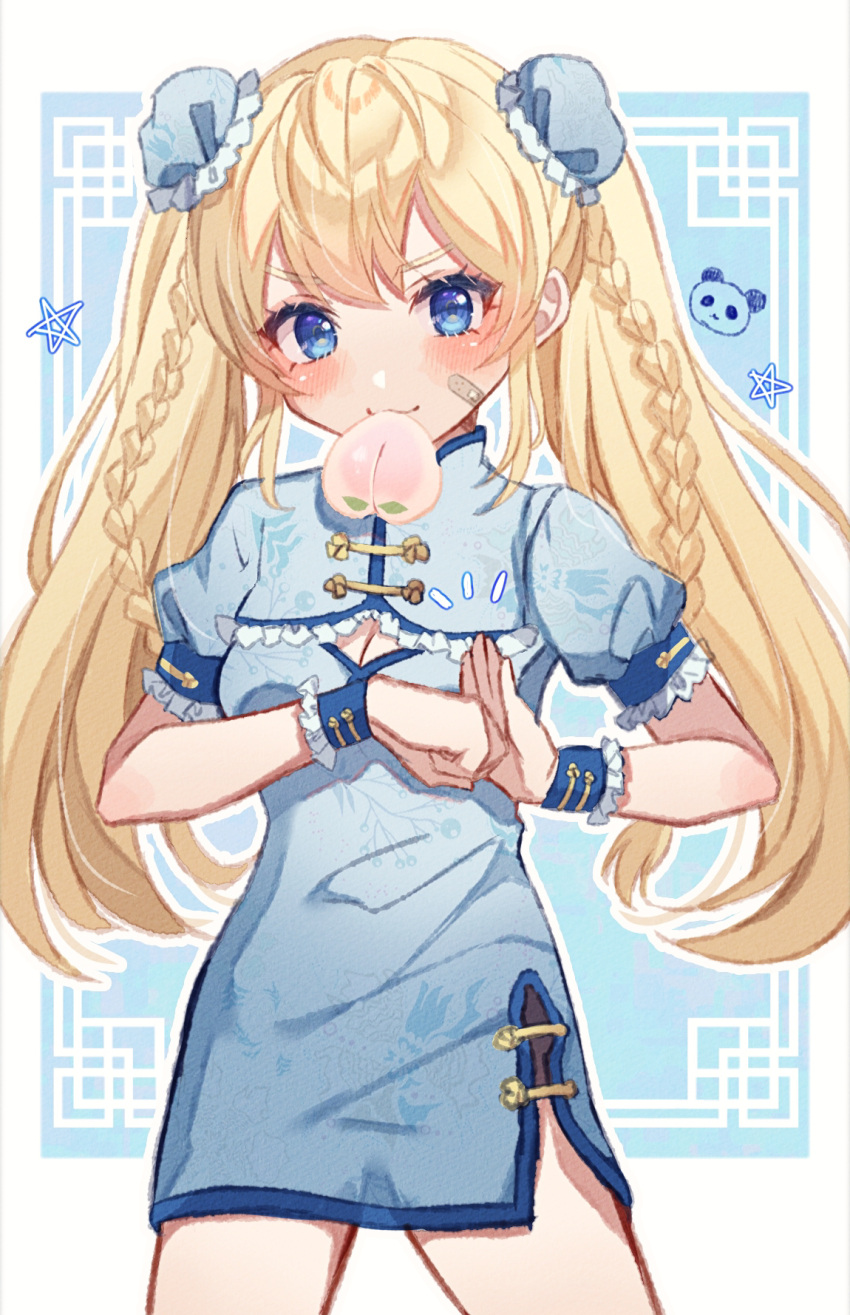 1girl bandaid bandaid_on_cheek bandaid_on_face blonde_hair blue_dress blue_eyes braid breasts bun_cover china_dress chinese_clothes cleavage cleavage_cutout clothing_cutout dress floating_hair goddess_of_victory:_nikke highres laplace_(nikke) long_hair mouth_hold shimada_(smd_dms) short_dress short_sleeves sketch small_breasts solo very_long_hair wrist_cuffs