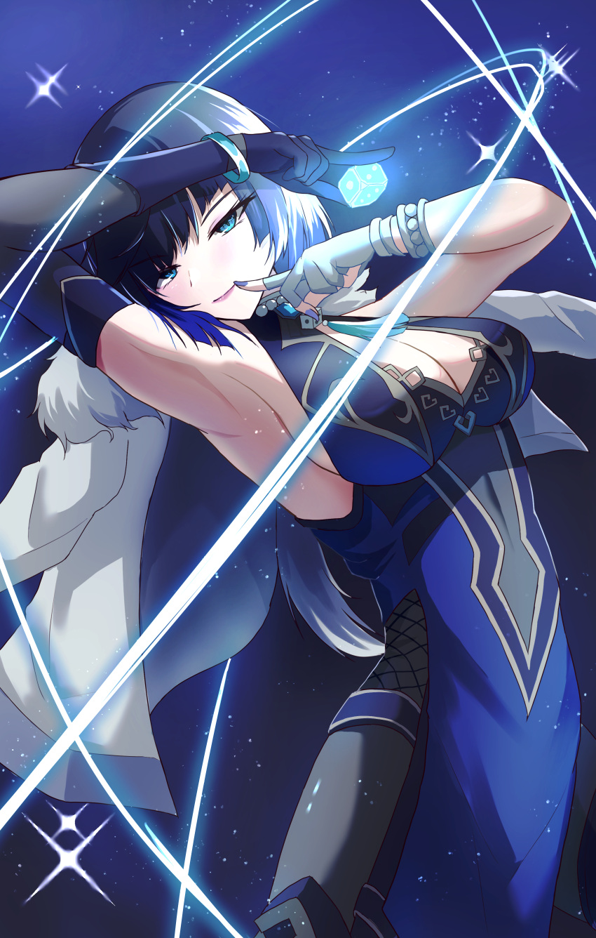 1girl absurdres aqua_eyes arm_up armpits bare_shoulders black_hair blue_background blue_dress blue_gloves blue_hair blue_nails commentary cowboy_shot dress fingerless_gloves genshin_impact gloves hand_up highres looking_at_viewer multicolored_hair nail_polish nanatuma_nazuna short_hair sleeveless sleeveless_dress smile solo standing two-tone_hair white_gloves yelan_(genshin_impact)