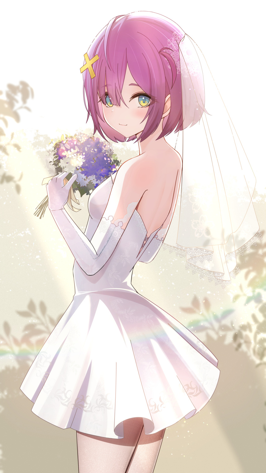 1girl absurdres blush bouquet breasts bridal_veil closed_mouth cowboy_shot dress eien_project elbow_gloves flower from_side gloves green_eyes hair_between_eyes hair_ornament highres holding holding_bouquet looking_at_viewer pink_hair pleated_dress purple_flower short_dress short_hair sikimosh small_breasts smile solo standing strapless strapless_dress veil virtual_youtuber wedding_dress white_background white_dress white_flower white_gloves x_hair_ornament zumi_dokumi