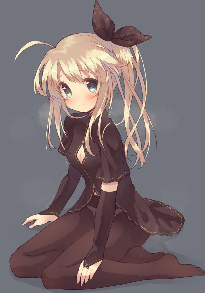 1girl ahoge black_arm_warmers black_bow black_pantyhose black_shirt black_sleeves blonde_hair blue_background blue_elfin_(flower_knight_girl) blush bow breasts cleavage cleavage_cutout closed_mouth clothing_cutout commentary_request diamond_cutout floral_print full_body gold_ring green_eyes hair_bow heavy_breathing heterochromia highres kimberlite_(magia_break) long_hair looking_at_viewer magia_break midriff_peek no_shoes pantyhose raised_eyebrows ribbon-trimmed_shirt ribbon-trimmed_sleeves ribbon_trim shadow shirt short_sleeves side_ponytail sidelocks simple_background sitting small_breasts solo sweat tearing_up trembling usamata yokozuwari