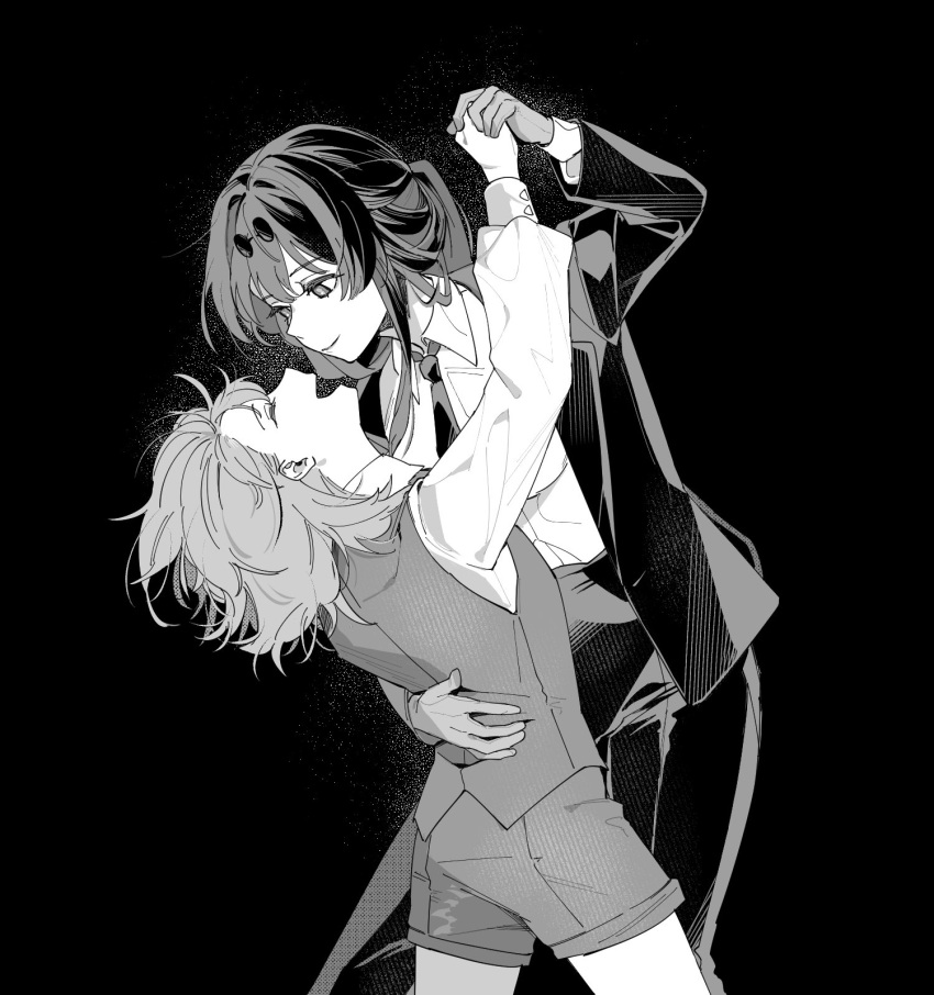 2girls closed_eyes closed_mouth collared_shirt commentary cowboy_shot d0600059994959 dancing eyewear_on_head globe greyscale hand_on_another's_waist hashtag-only_commentary highres holding_hands honkai:_star_rail honkai_(series) jacket kafka_(honkai:_star_rail) long_hair long_sleeves looking_at_another monochrome multiple_girls necktie open_clothes open_mouth open_shirt pants ponytail shirt shorts smile stelle_(honkai:_star_rail) sunglasses trailblazer_(honkai:_star_rail) vest yuri