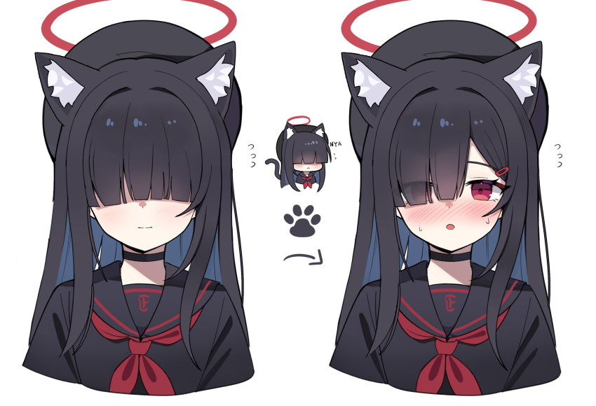 1girl :o :| absurdres animal_ears arms_at_sides arrow_(symbol) beret black_choker black_hair black_hat black_sailor_collar black_shirt blue_archive blue_hair blush cat_ears cat_girl chibi chibi_inset choker closed_mouth colored_inner_hair covered_eyes cropped_torso dalgam12 expressionless eyes_visible_through_hair facing_viewer flying_sweatdrops hair_over_one_eye halo hat highres justice_task_force_member_(blue_archive) kemonomimi_mode long_hair looking_at_viewer multicolored_hair multiple_views neckerchief nose_blush open_mouth paw_print red_eyes red_neckerchief sailor_collar school_uniform shirt simple_background straight-on straight_hair white_background