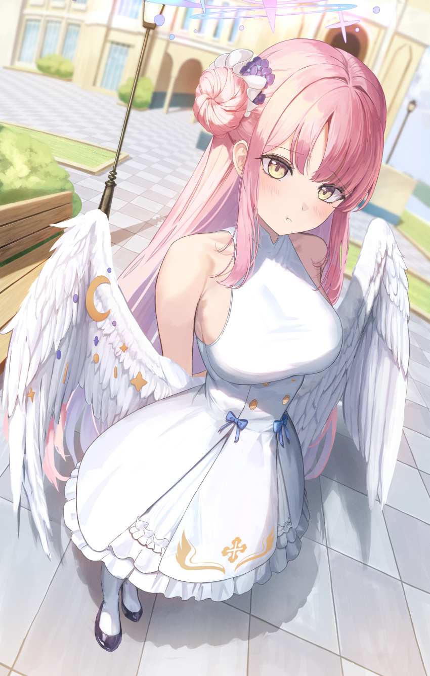 1girl absurdres angel_wings arms_behind_back bare_shoulders blue_archive doggo34476335 dress feathered_wings foreshortening frilled_ribbon frills green_eyes hair_bun halo highres long_hair low_wings mika_(blue_archive) pink_hair pink_halo pout ribbon single_side_bun sleeveless sleeveless_dress white_dress white_wings wing_ornament wings
