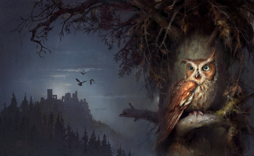 avian bird brown_body brown_feathers castle detailed_background ezylryb feathers feet feral flying guardians_of_ga'hoole jedrzej_chelminski male night official_art owl plant screech_owl solo talons toes tree true_owl whiskered_screech_owl white_body white_feathers