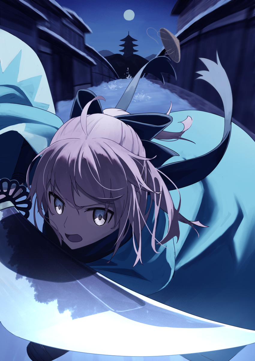 1girl absurdres ahoge black_bow black_scarf blonde_hair bow fate/grand_order fate_(series) hair_bow haori highres japanese_clothes katana kimono looking_at_viewer okita_souji_(fate) okita_souji_(koha-ace) scarf shinsengumi short_hair solo sword weapon yamada_kotaro77 yellow_eyes