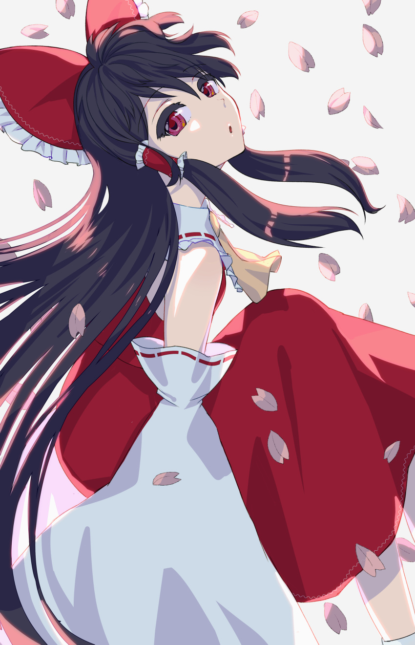 1girl absurdres ascot black_hair bow detached_sleeves falling_petals frilled_bow frilled_hair_tubes frills hair_bow hair_tubes hakurei_reimu highres long_hair looking_at_viewer open_mouth petals pink_petals red_bow red_eyes red_skirt ribbon-trimmed_sleeves ribbon_trim rin_(rin7kan7) skirt skirt_set solo touhou very_long_hair yellow_ascot