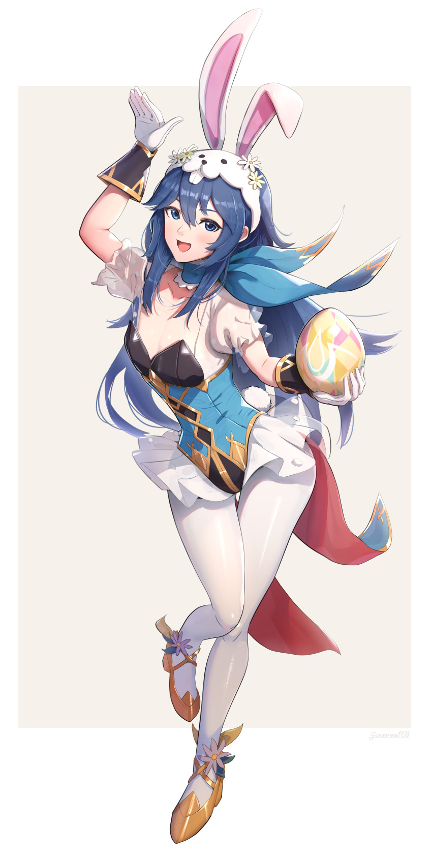 1girl absurdres animal_ears artist_name blue_eyes blue_hair blush breasts choker collarbone commentary_request egg elbow_gloves fake_animal_ears fake_tail fire_emblem fire_emblem_awakening fire_emblem_heroes full_body gloves gold_trim gonzarez grey_background hair_ornament highleg highleg_leotard highres holding leg_up leotard long_hair looking_at_viewer lucina_(fire_emblem) lucina_(spring)_(fire_emblem) pantyhose polka_dot puffy_sleeves rabbit_ears rabbit_pose rabbit_tail see-through shiny_clothes short_sleeves simple_background skin_tight small_breasts smile solo tail white_pantyhose