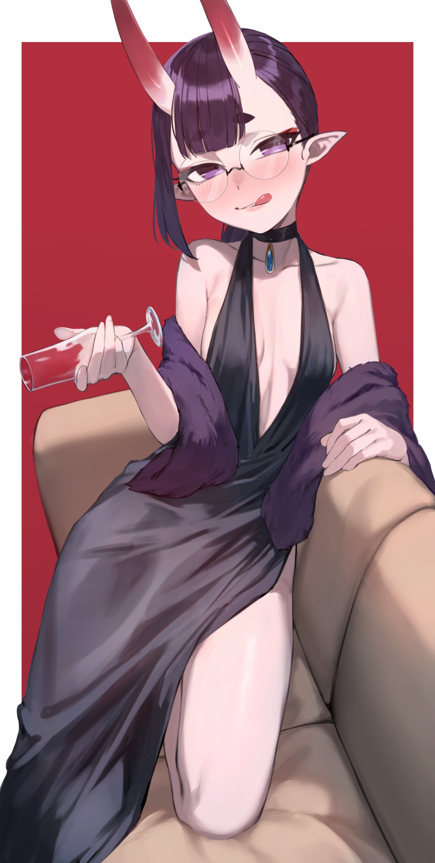 1girl absurdres alternate_costume black_dress blush breasts chorogon collarbone couch cup dress fate/grand_order fate_(series) glasses highres holding holding_cup horns looking_at_viewer oni petite pointy_ears purple_eyes purple_hair revealing_clothes round_eyewear short_hair shuten_douji_(fate) skin-covered_horns small_breasts smile solo tongue tongue_out