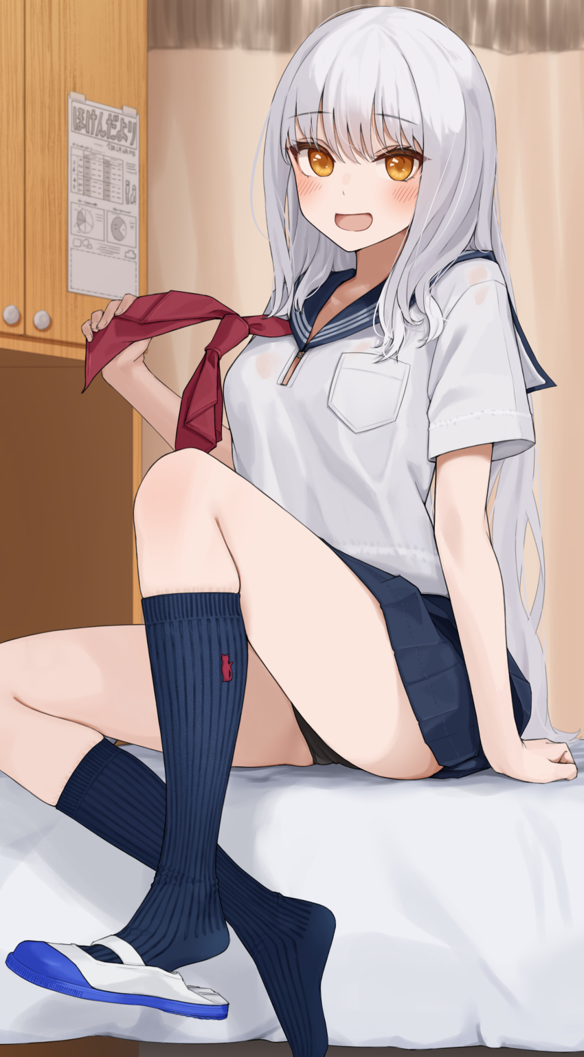 1girl absurdres arm_support black_panties blue_sailor_collar blue_skirt blue_socks blush breast_pocket commentary_request highres indoors knee_up kopaka_(karda_nui) long_hair looking_at_viewer neckerchief on_bed open_mouth original panties pleated_skirt pocket red_neckerchief ribbed_socks sailor_collar school_uniform serafuku shirt shoes short_sleeves sitting skirt smile socks solo thighs underwear uwabaki white_hair white_shirt yellow_eyes