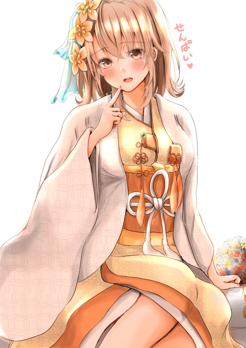 1girl ayachanman blonde_hair blush bouquet breasts finger_to_mouth flower hair_flower hair_ornament highres isshiki_iroha japanese_clothes kimono long_sleeves looking_at_viewer medium_breasts obi open_mouth sash shiromuku sitting solo uchikake wide_sleeves yahari_ore_no_seishun_lovecome_wa_machigatteiru. yellow_eyes yellow_kimono yellow_sash