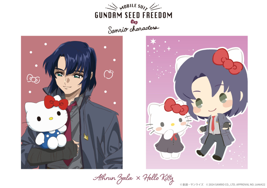 1boy absurdres athrun_zala blue_hair bow collaboration fingerless_gloves gloves green_eyes gundam gundam_seed gundam_seed_destiny gundam_seed_freedom hello_kitty_(character) highres mascot necktie normal_suit official_art pant_suit pants promotional_art red_bow red_necktie sanrio suit