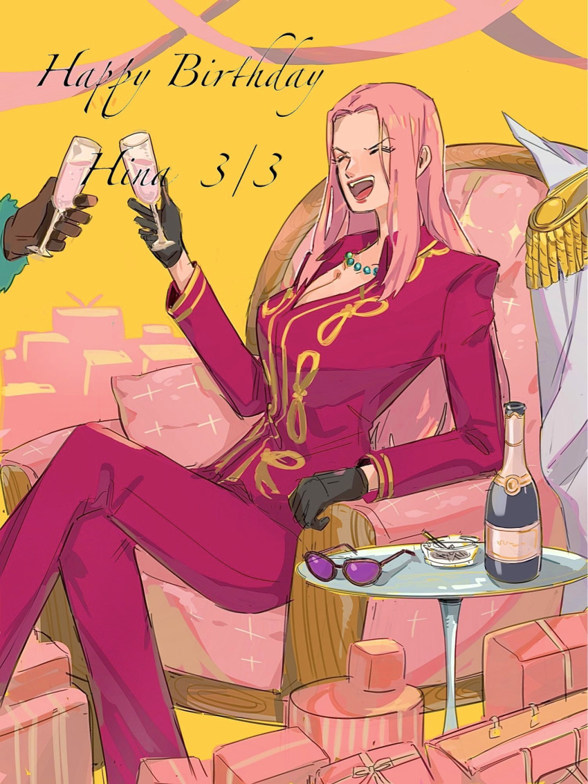 1boy 1girl ^_^ alcohol box champagne champagne_flute cigarette closed_eyes crossed_legs cup drinking_glass epaulettes gift gift_box gloves happy_birthday highres hina_(one_piece) holding holding_cup jacket jewelry long_hair long_sleeves maruwoz necklace on_chair one_piece open_mouth pants pink_hair pink_jacket pink_pants sidelocks smoker_(one_piece) suit sunglasses yellow_background