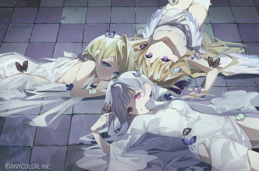 3girls ahoge aqua_eyes bags_under_eyes blonde_hair breasts bug butterfly butterfly_on_hand copyright_name downblouse dress enna_alouette ethyria grey_hair long_hair looking_at_viewer lying medium_hair millie_parfait multiple_girls nijisanji nijisanji_en on_back on_ground on_stomach parted_lips purple_eyes red_eyes reimu_endou sideboob sleeveless sleeveless_dress small_breasts thighhighs very_long_hair white_dress white_thighhighs wings xiaociiao