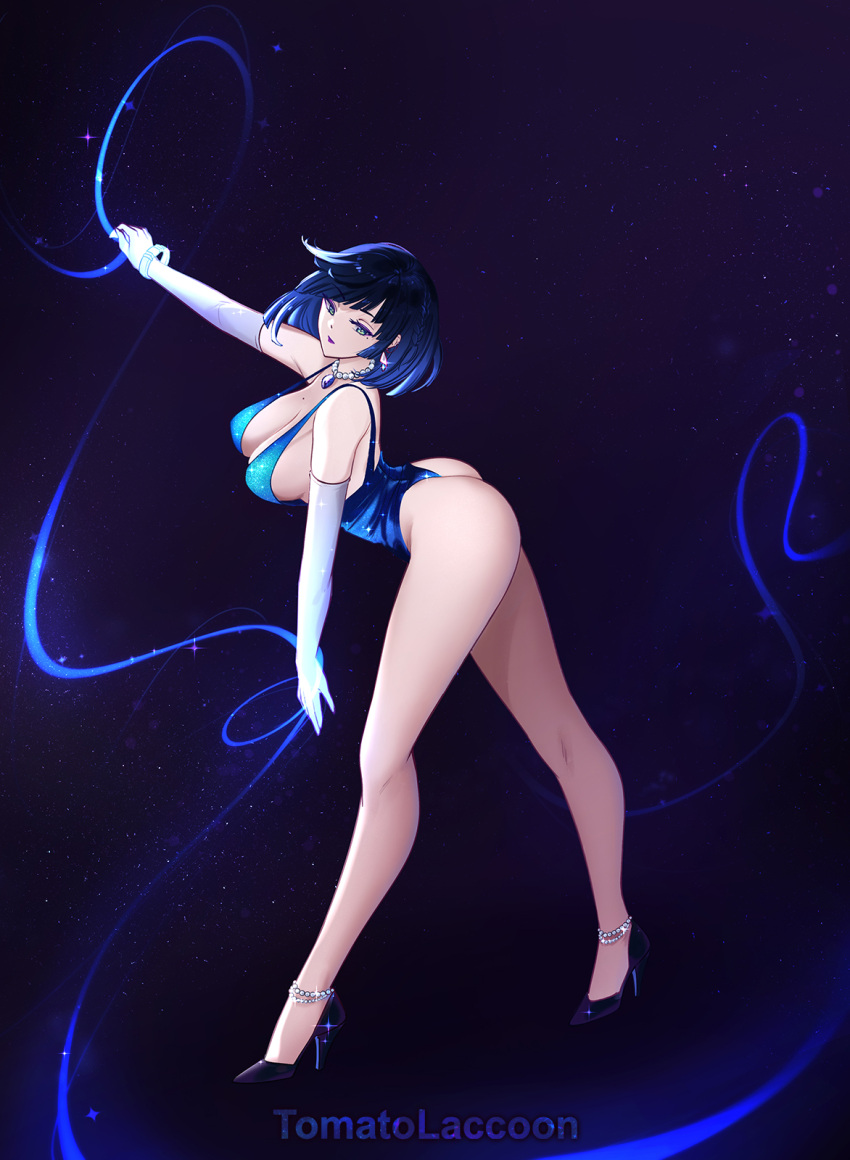 1girl alternate_costume ass bare_legs blue_eyes blue_hair bracelet breasts cleavage commentary elbow_gloves genshin_impact gloves high_heels highres jewelry large_breasts short_hair sleeveless solo thighs tomatolacoon white_gloves yelan_(genshin_impact)