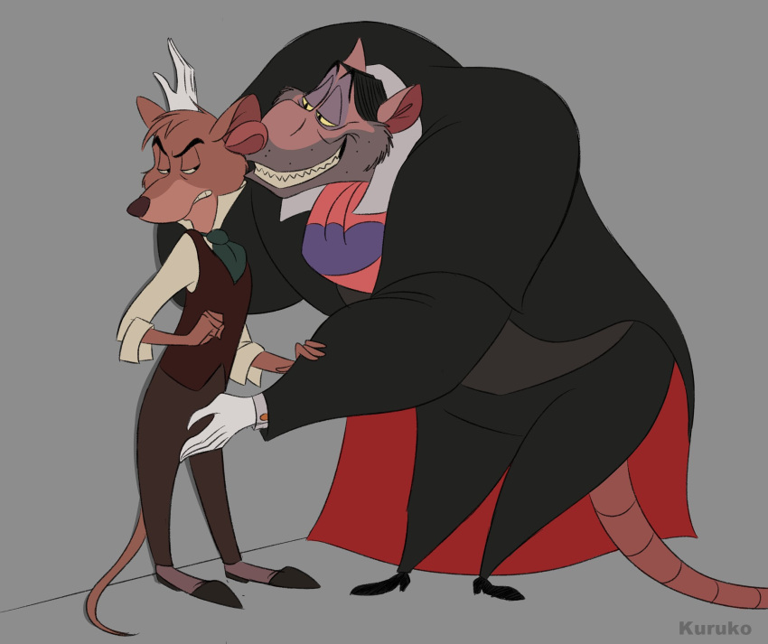 anthro basil_(disney) clothed clothing disney duo frown grey_background grin groping_crotch hi_res interspecies kuruko male male/male mammal mouse murid murine professor_padraic_ratigan_(disney) rat rodent seductive simple_background size_difference smile the_great_mouse_detective