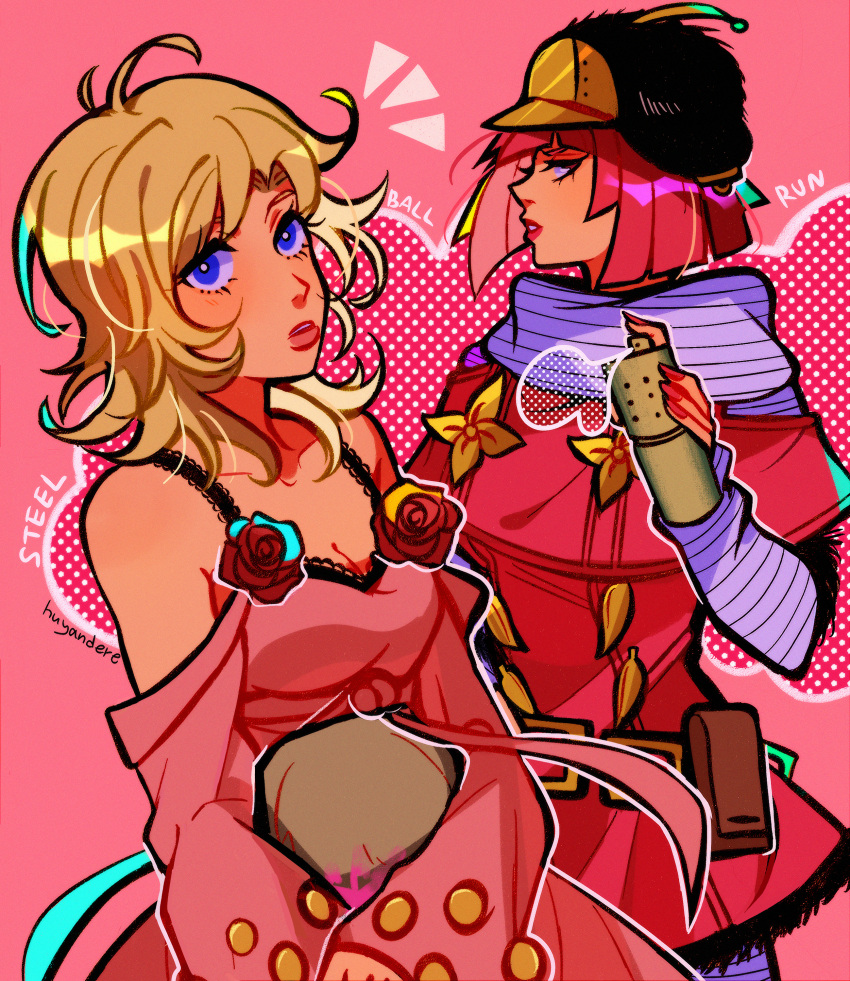 2girls absurdres artist_name bag blonde_hair blue_eyes bob_cut breasts capelet cleavage commentary copyright_name cream_starter_(stand) dress english_commentary hat highres holding hot_pants_(sbr) huyandere jojo_no_kimyou_na_bouken lucy_steel medium_breasts medium_hair multiple_girls pink_background pink_capelet pink_dress pink_eyes pink_hair pouch short_dress signature sleeves_past_wrists spray_can stand_(jojo) steel_ball_run