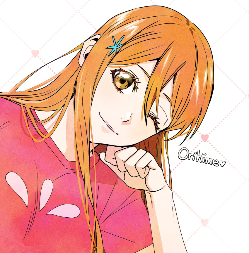 1girl bleach character_name closed_mouth commentary_request eyelashes hair_between_eyes hair_ornament hairclip head_rest heart highres inoue_orihime korean_commentary leaning_to_the_side long_hair looking_at_viewer n_(nauki_11) one_eye_closed orange_eyes orange_hair pink_shirt shirt short_sleeves single_sidelock smile solo upper_body