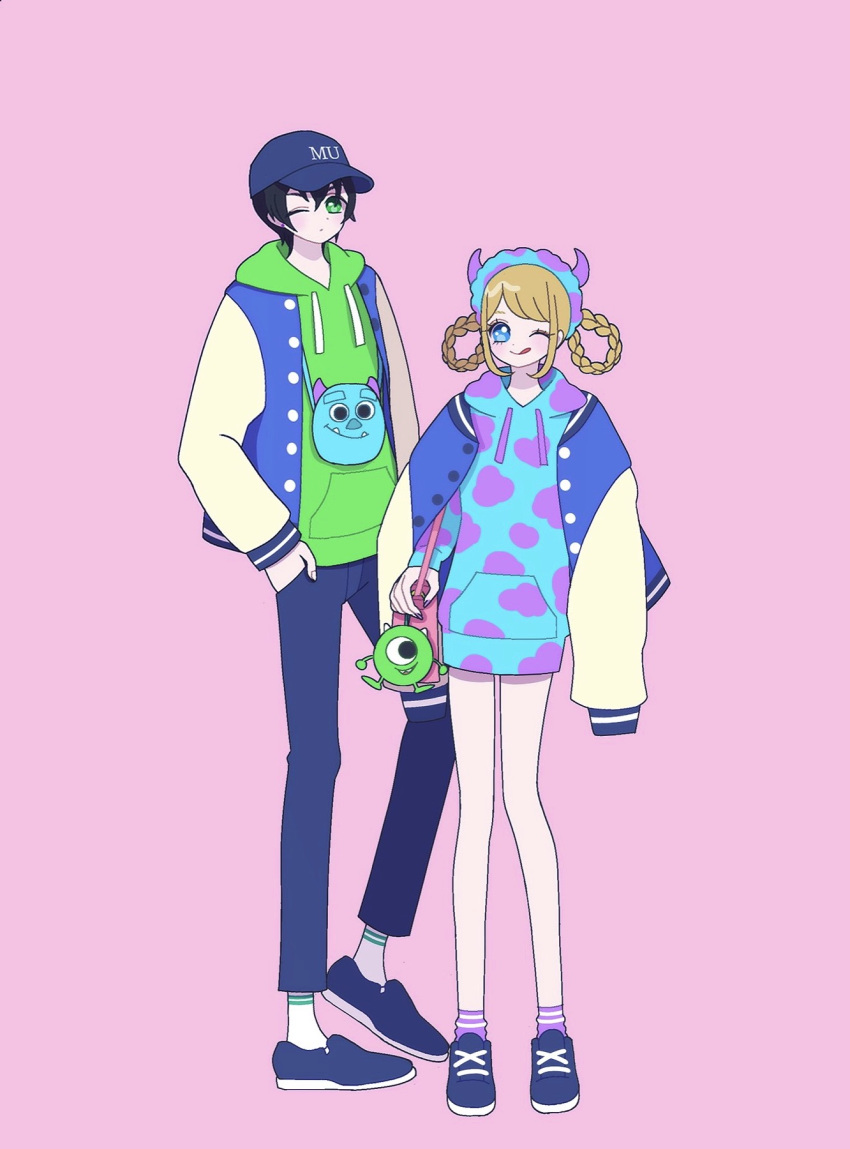 1boy 1girl bag black_hair blonde_hair blue_eyes blue_footwear blue_hat blue_hoodie blue_pants braided_hair_rings closed_mouth commentary_request drawstring fukuhara_ann full_body green_eyes green_hoodie hair_between_eyes highres hood hood_down hoodie jacket james_p._sullivan king_of_prism kougami_taiga long_sleeves looking_at_viewer mike_wazowski monsters_inc. nyaasechan one_eye_closed open_clothes open_jacket pants pretty_rhythm pretty_series shoes short_hair simple_background smile socks standing tongue tongue_out