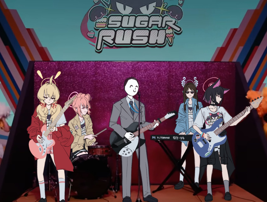 1boy 4girls after-school_sweets_club_(blue_archive) airi_(band)_(blue_archive) airi_(blue_archive) animal_ears bass_guitar betabeet black_hair blonde_hair blue_archive brown_hair cat_ears clothes_around_waist doodle_sensei_(blue_archive) drum drum_set drumming eimi_(blue_archive) electric_guitar full_body guitar halo highres holding holding_guitar holding_instrument instrument jacket jacket_around_waist kazusa_(band)_(blue_archive) kazusa_(blue_archive) keyboard_(instrument) light_brown_hair multicolored_hair multiple_girls natsu_(band)_(blue_archive) natsu_(blue_archive) official_alternate_costume open_clothes open_jacket parody sakanaction scene_reference sensei_(blue_archive) shin_takarajima_(song) standing sunglasses yoshimi_(band)_(blue_archive) yoshimi_(blue_archive)