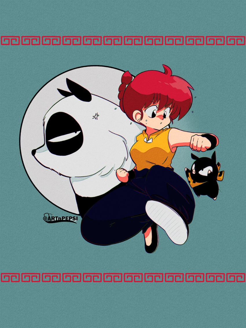 artnpepsi bear breasts domestic_pig female genma_saotome giant_panda group hair hi_res human kick male mammal p-chan ranma_1/2 ranma_saotome red_hair retro suid suina sus_(pig) trio