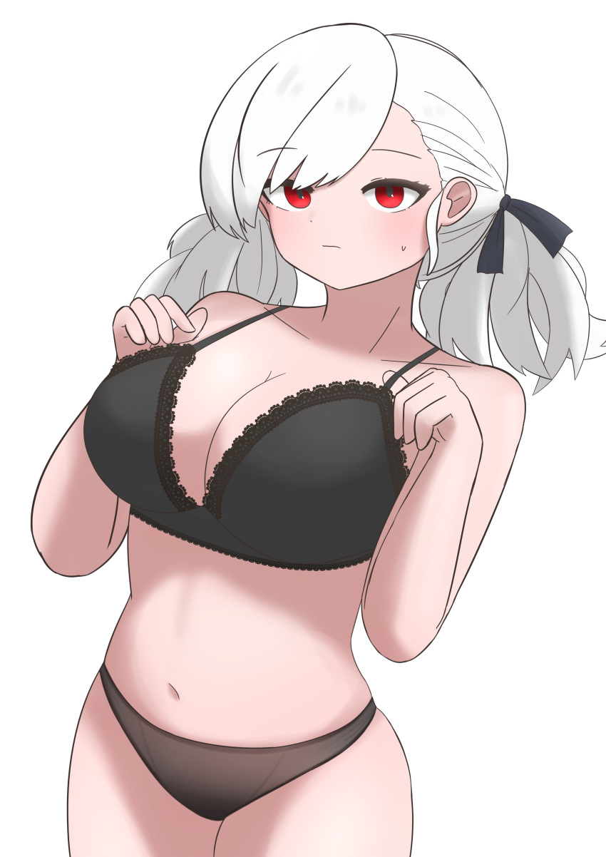 1girl absurdres bit_(user_rwes8758) black_bra black_panties blush bra breasts cleavage commentary_request cowboy_shot girls'_frontline hair_ribbon hands_up highres korean_commentary large_breasts looking_at_viewer medium_hair navel panties red_eyes ribbon simple_background spas-12_(girls'_frontline) stomach sweatdrop twintails underwear underwear_only white_background white_hair