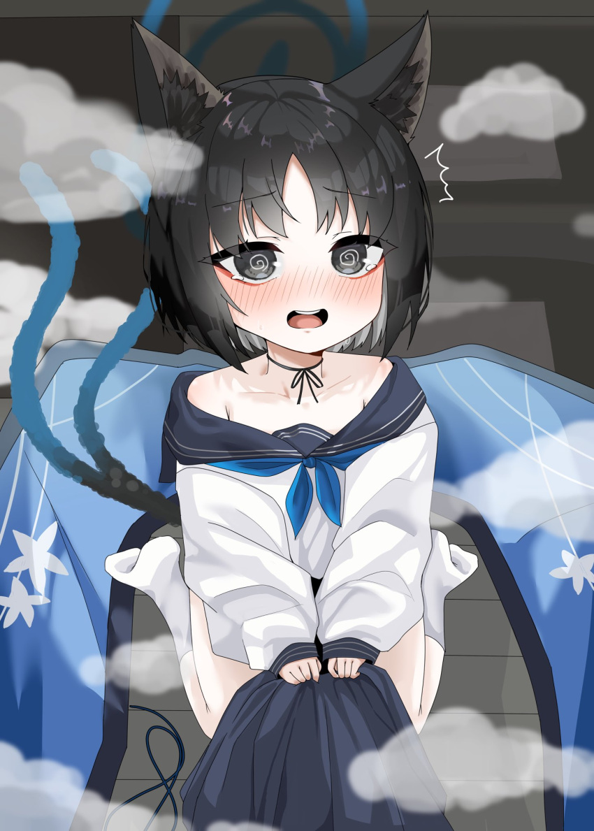 1girl :o @_@ aged_down animal_ear_fluff animal_ears bare_shoulders black_choker blue_archive blush bob_cut bow_choker cat_ears cat_girl cat_tail choker collarbone commentary_request dragonchicken02 embarrassed eyeshadow from_above halo haori highres holding holding_clothes holding_skirt japanese_clothes kikyou_(blue_archive) kneehighs long_sleeves looking_at_viewer looking_up makeup multiple_tails nekomata open_mouth oversized_clothes parted_bangs pleated_skirt red_eyeshadow school_uniform seiza serafuku short_hair sidelocks sitting skirt smoke socks solo tail teeth transformation two_tails unworn_skirt upper_teeth_only white_socks wooden_floor