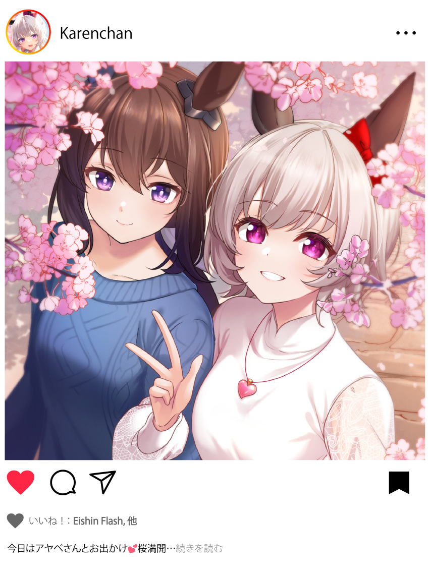 2girls absurdres admire_vega_(umamusume) animal_ears blue_sweater bow brown_hair cherry_blossoms curren_chan_(umamusume) ear_bow ear_covers fake_screenshot grey_hair hair_between_eyes hair_ribbon highres horse_ears horse_girl instagram jewelry long_hair long_sleeves looking_at_viewer low_ponytail multiple_girls necklace purple_eyes red_bow ribbon rukinya_(nyanko_mogumogu) short_hair single_ear_cover sweater umamusume v white_ribbon white_sweater