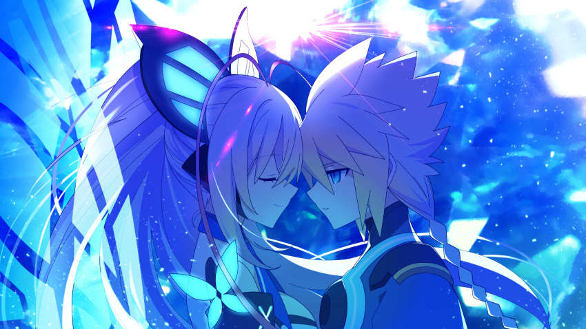 1boy 1girl antenna_hair azure_striker_gunvolt bare_shoulders black_sleeves blonde_hair blue_eyes blue_theme breasts butterfly_hair_ornament butterfly_wings closed_eyes couple detached_sleeves dress energy_wings from_side gunvolt hair_ornament half-closed_eyes hetero high_ponytail highres insect_wings lololotton long_hair long_sleeves lumen_(gunvolt) medium_breasts multicolored_hair pink_hair simple_background spiked_hair strapless strapless_dress two-tone_hair white_background white_dress wide_sleeves wings