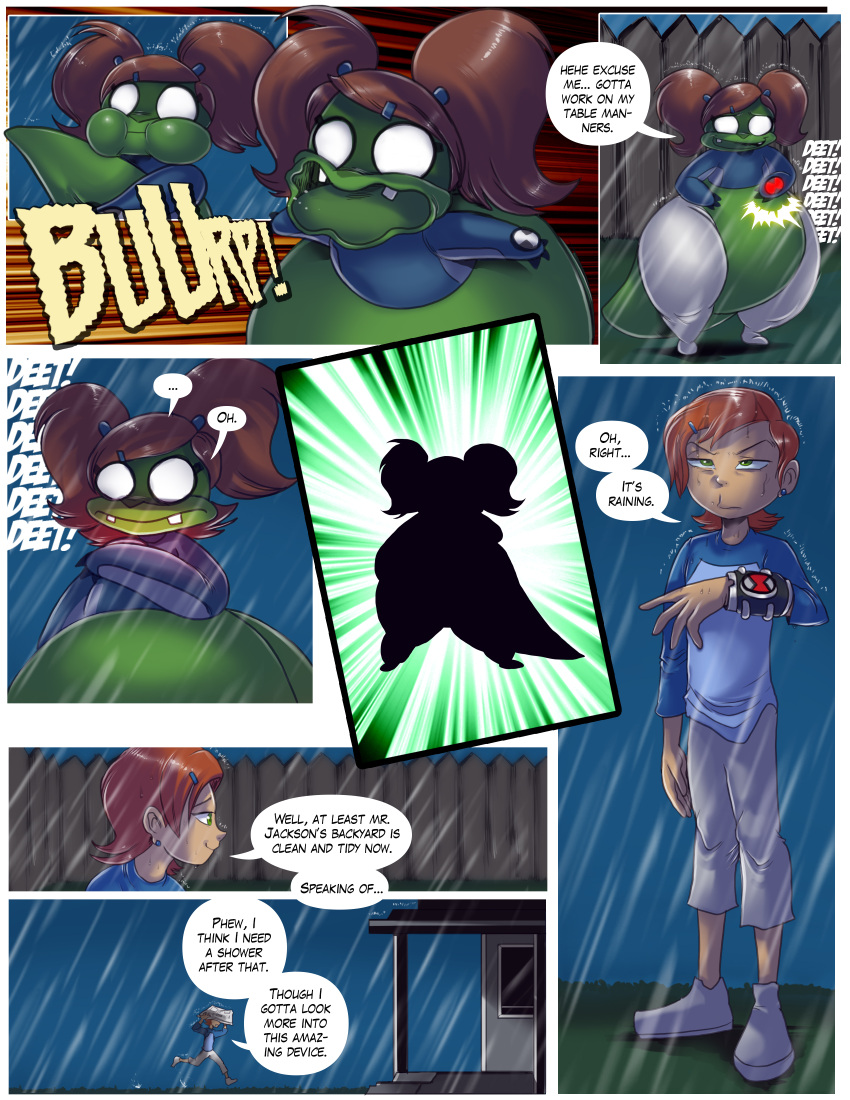 absurd_res alien ben_10 building burping cartoon_network dialogue female fence gwen_tennyson hair hi_res house human mammal nauyaco omnitrix orange_hair raining solo speech_bubble transformation upchuck_(ben_10) wet