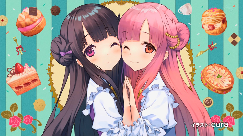 2girls blush brown_hair cake cake_slice cheek-to-cheek cookie cup cura double_bun dress end_card eyebrows_hidden_by_hair food fork hair_bun hair_ribbon heads_together highres holding_hands knife licorice_mille_huarek long_bangs long_hair looking_at_viewer matching_hairstyle multiple_girls okashi_na_tensei one_eye_closed pearl_hair_ornament petra_mille_huarek pie pink_hair purple_hair red_eyes ribbon siblings signature sisters smile striped_background teacup third-party_source twins upper_body very_long_hair white_dress