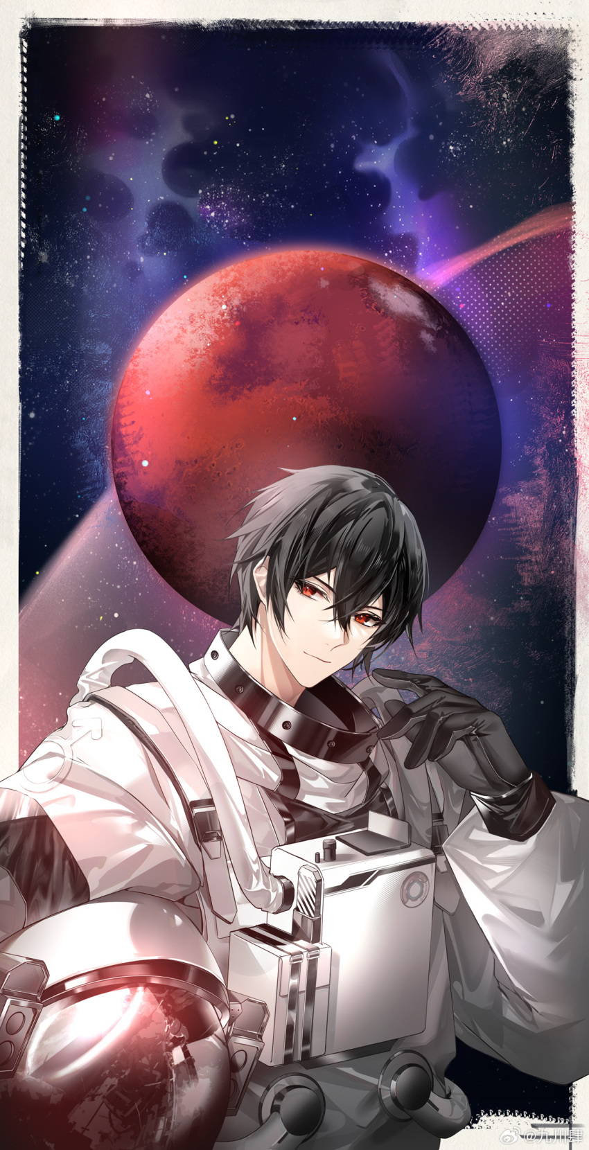 1boy astronaut ayn_alwyn black_gloves black_hair border closed_mouth gloves hair_between_eyes hand_up helmet highres holding holding_helmet jiuchuansi looking_at_viewer lovebrush_chronicles male_focus mars_(planet) official_art outside_border red_eyes short_hair smile solo space space_helmet spacesuit unworn_headwear unworn_helmet upper_body weibo_logo weibo_watermark white_border