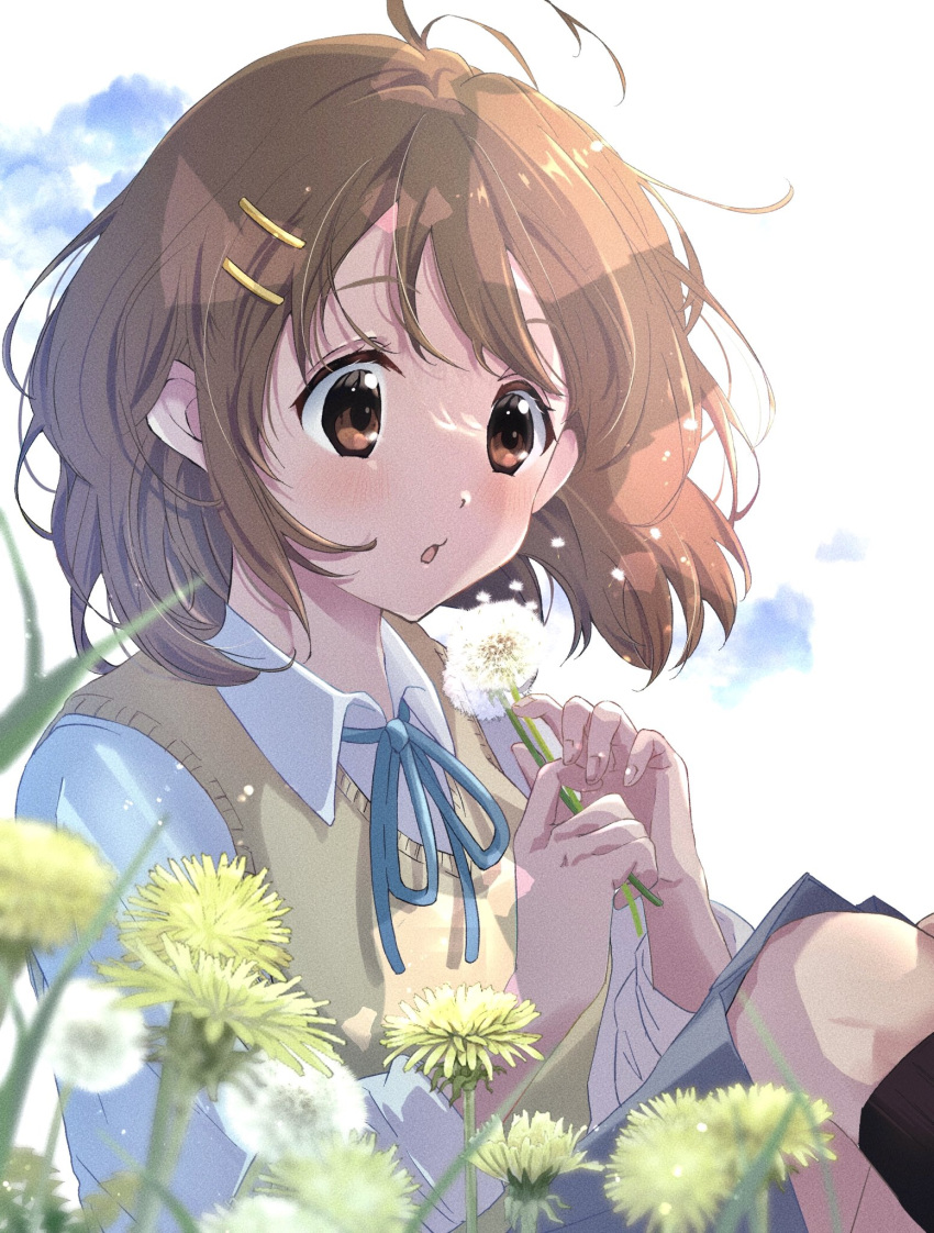 1girl :o black_socks blue_ribbon blush brown_eyes brown_hair collared_shirt flower hair_ornament hairclip highres hirasawa_yui holding holding_flower k-on! kneehighs neck_ribbon omichi_1219 parted_lips ribbon sakuragaoka_high_school_uniform school_uniform shirt short_hair short_sleeves sitting socks solo summer_uniform sweater_vest white_shirt yellow_sweater_vest