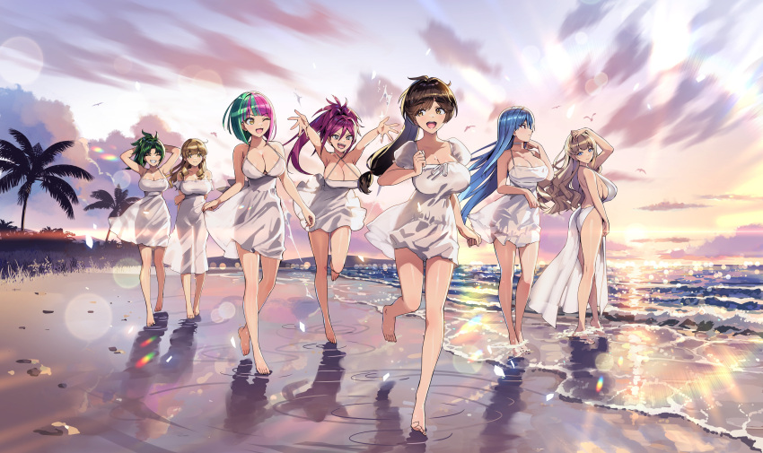 6+girls absurdres arms_behind_head arms_up ayato_utae bare_arms bare_shoulders barefoot beach blonde_hair blue_eyes breasts brown_eyes brown_hair cleavage closed_eyes cloud collar dolphin_wave dress green_hair grin hand_on_own_head harunami_anri helly_lewis highres huge_breasts kirahoshi_kanna kurenashi_yuuri large_breasts long_hair mole mole_under_eye multicolored_hair multiple_girls nayuki_hiori official_art one_eye_closed ootomo_takuji open_mouth palm_tree ponytail puffy_short_sleeves puffy_sleeves purple_hair see-through short_hair short_sleeves smile sunset tree two-tone_hair wavy_hair yamabe_yuna