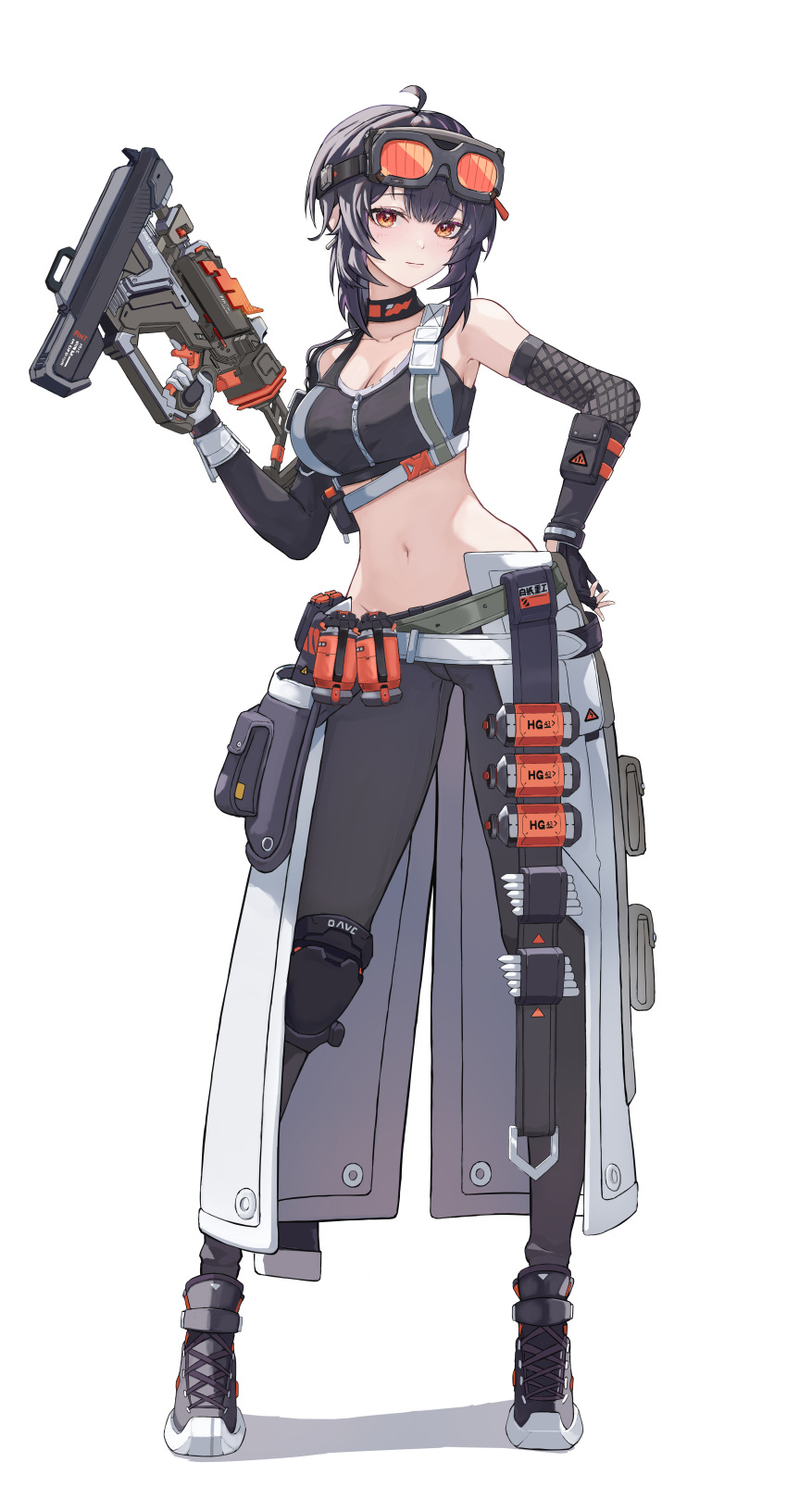 1girl absurdres ahoge bare_shoulders belt black_choker black_footwear black_gloves black_hair black_pants breasts chinese_commentary choker cleavage commentary_request crop_top elbow_gloves full_body gloves goggles goggles_on_head grace_howard grey_belt gun highres holding holding_gun holding_weapon kabuto_tong large_breasts leggings looking_at_viewer midriff navel pants red_eyes shoes short_hair simple_background skirt smile solo sports_bra standing stomach thighs weapon white_background white_belt white_skirt zenless_zone_zero