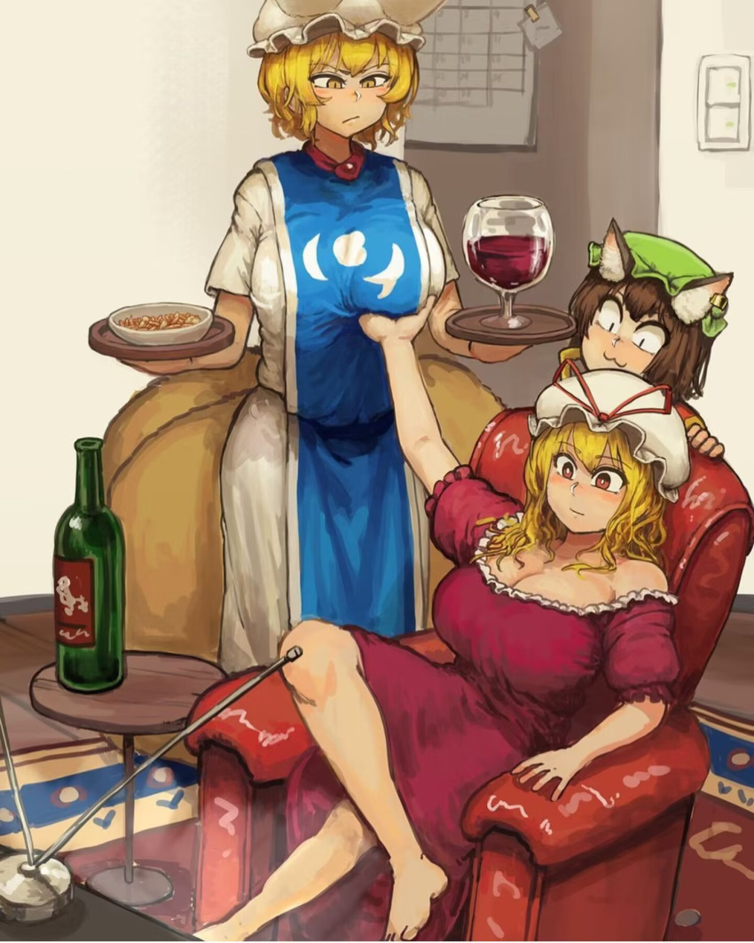 3girls alcohol animal_ear_piercing animal_ears animal_hat artist_request blonde_hair blue_tabard bottle bow breasts calendar_(object) cat_ears chen cleavage cup dress drinking_glass earrings fox_ears fox_tail grabbing grabbing_another's_breast green_hat hair_bow hat highres huge_breasts jewelry long_hair long_sleeves mob_cap multiple_girls multiple_tails purple_dress red_wine ribbon serving short_hair single_earring smile tabard tail touhou tray unamused watching_television wine wine_bottle wine_glass yakumo_ran yakumo_yukari yellow_eyes yuri