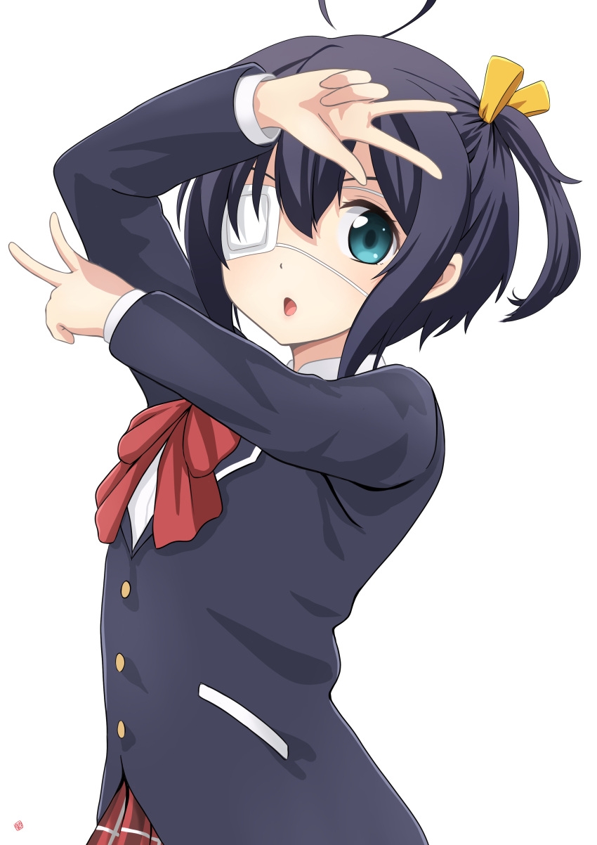 1girl absurdres ahoge black_hair black_jacket blazer blue_eyes blush chuunibyou_demo_koi_ga_shitai! collared_shirt double_v eyepatch hair_ribbon highres icho_private_high_school_uniform jacket long_sleeves looking_at_viewer medical_eyepatch nao_suke neck_ribbon one_side_up open_mouth plaid plaid_skirt red_ribbon red_skirt ribbon school_uniform shirt short_hair simple_background skirt solo standing takanashi_rikka tongue upper_body v white_background winter_uniform yellow_ribbon