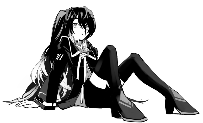 1girl :o absurdres arm_rest arms_at_sides boots coefont collared_shirt full_body greyscale hair_between_eyes highres jacket knees_up legs_apart long_hair long_sleeves looking_at_viewer millial_(coefont) monochrome open_mouth ringed_eyes shirt shorts sidelocks simple_background sitting solo teckinder thigh_boots white_background