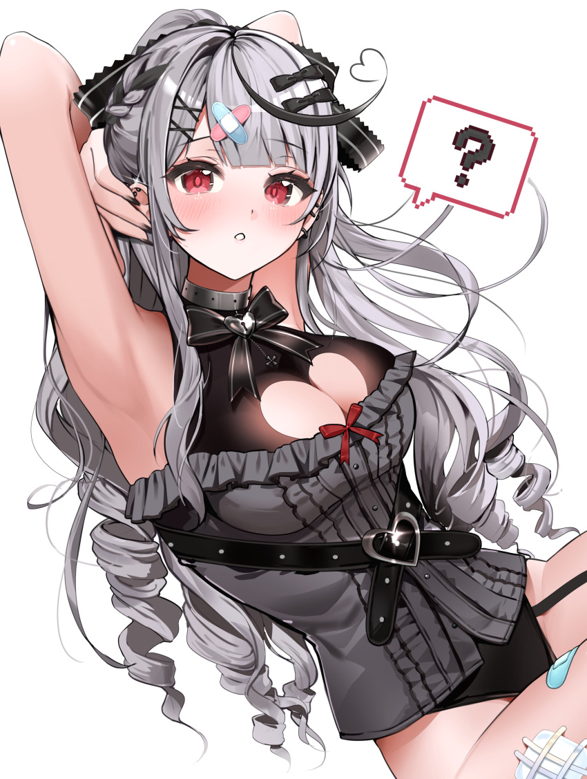 1girl ? absurdres arm_behind_head arm_up armpits arms_behind_head arms_up bandaid bandaid_hair_ornament bandaid_on_leg bandaid_on_neck barbell_piercing black_bow black_hair black_nails blush bow braid breasts cleavage cleavage_cutout clothing_cutout collar dress drill_hair ear_piercing frilled_dress frills garter_straps grey_hair hair_bow hair_ornament heart-shaped_lock heart_belt heart_cutout highres hololive industrial_piercing large_breasts leotard long_hair looking_at_viewer multicolored_hair multiple_hair_bows official_alternate_costume open_mouth parted_lips piercing red_eyes sakamata_chloe sakamata_chloe_(jirai_kei) simple_background sleeveless solo spoken_question_mark streaked_hair tate_yukimi twin_drills virtual_youtuber x_hair_ornament