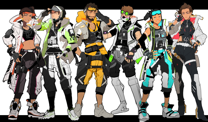 3boys 3girls absurdres alternate_costume animification apex_legends assan_(kagokamisan) baseball_cap black_gloves black_shirt black_shorts blue_pants breasts brown_eyes brown_hair conduit_(apex_legends) cropped_shirt crypto_(apex_legends) dark-skinned_female dark-skinned_male dark_skin eyeshadow facial_hair fingerless_gloves frown gloves goatee goggles goggles_on_head grey_eyeshadow grey_footwear grey_hat hand_on_headwear hand_on_own_head hands_on_own_hips hat head_tilt high_heels highres hip_vent hood hoodie jacket leaning_back letterboxed loba_(apex_legends) looking_at_viewer makeup mask medium_breasts midriff mirage_(apex_legends) mouth_mask multiple_boys multiple_girls navel octane_(apex_legends) orange_hoodie orange_pants outside_border pants pectoral_cleavage pectorals rampart_(apex_legends) selfie_stick shirt shoes short_hair shorts side_ponytail sleeveless sleeveless_jacket smile sneakers techwear v-shaped_eyebrows visor_cap white_background white_jacket