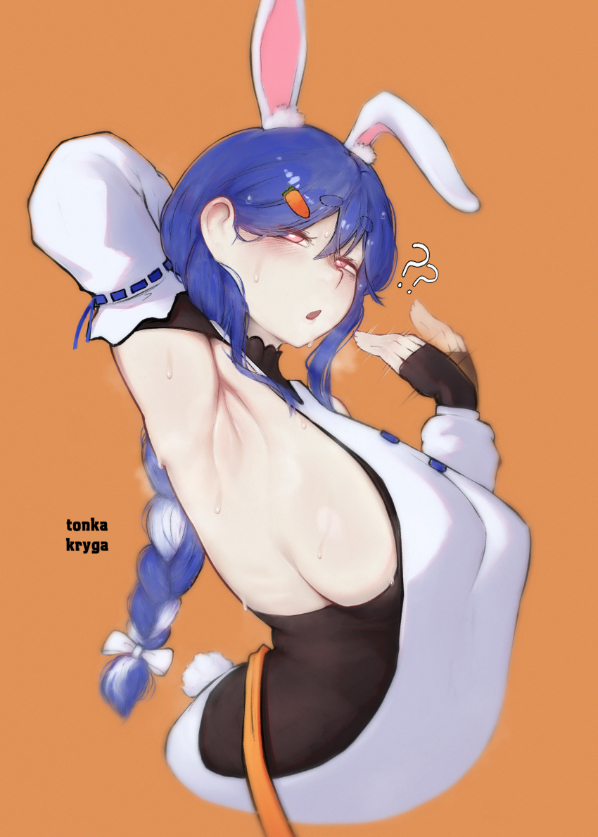 1girl ? ?? absurdres animal_ear_fluff animal_ears arm_behind_head armpits blue_hair blush breasts carrot_hair_ornament fingerless_gloves food-themed_hair_ornament gloves hair_ornament highres hololive large_breasts leotard mature_female multicolored_hair orange_background orange_eyes pekomama ponytail presenting_armpit rabbit_ears rabbit_girl rabbit_tail sideboob simple_background solo sweat tail tonka_kryga two-tone_hair upper_body