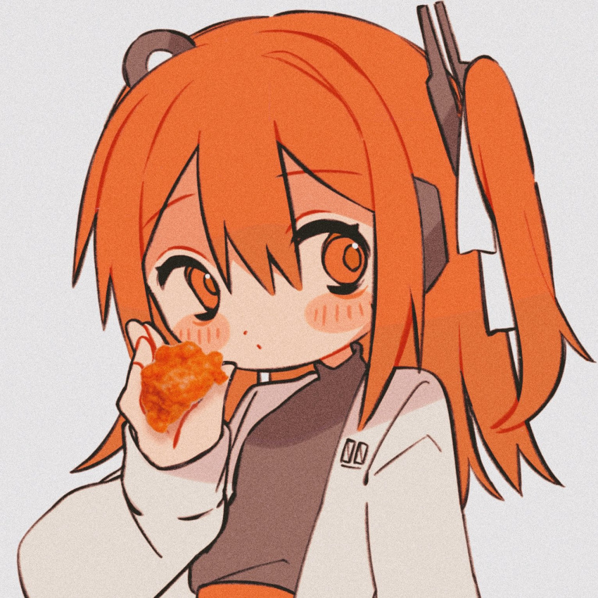 1girl a.i._voice adachi_rei blush closed_mouth food fried_chicken hair_between_eyes hair_ribbon highres holding holding_food jacket long_hair long_sleeves looking_at_viewer mochi_(na_si) one_side_up open_clothes open_jacket orange_eyes orange_hair radio_antenna ribbon simple_background solo turtleneck upper_body utau white_jacket