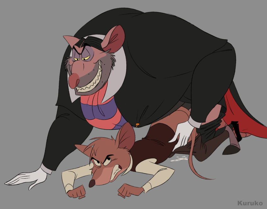 anal anthro basil_(disney) bodily_fluids clothed clothing cum disney duo genital_fluids grey_background grimace grin hi_res interspecies kuruko male male/male mammal mouse murid murine partially_clothed professor_padraic_ratigan_(disney) rat rodent sex simple_background size_difference smile the_great_mouse_detective