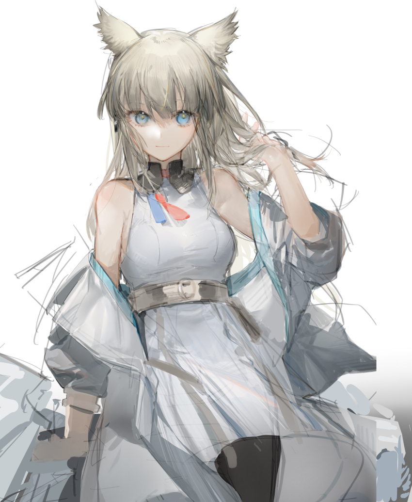 1girl absurdres animal_ears arknights arknights:_endfield bare_shoulders bird_ears black_pantyhose blue_eyes closed_mouth commentary_request cowboy_shot dress grey_hair hand_up highres jacket long_hair looking_at_viewer off_shoulder open_clothes open_jacket pantyhose perlica_(arknights) simple_background sketch skolly sleeveless sleeveless_dress smile solo white_background white_dress white_jacket