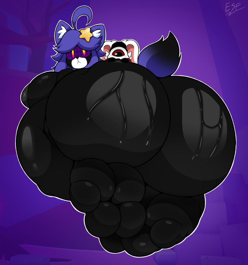 3_toes absurd_res anthro big_butt big_feet black_body blue_hair bodily_fluids breasts butt canid canine canis domestic_dog duo electricsnowfox feet female hair hi_res huge_butt mammal nude pregnant soles solo_focus sweat toes