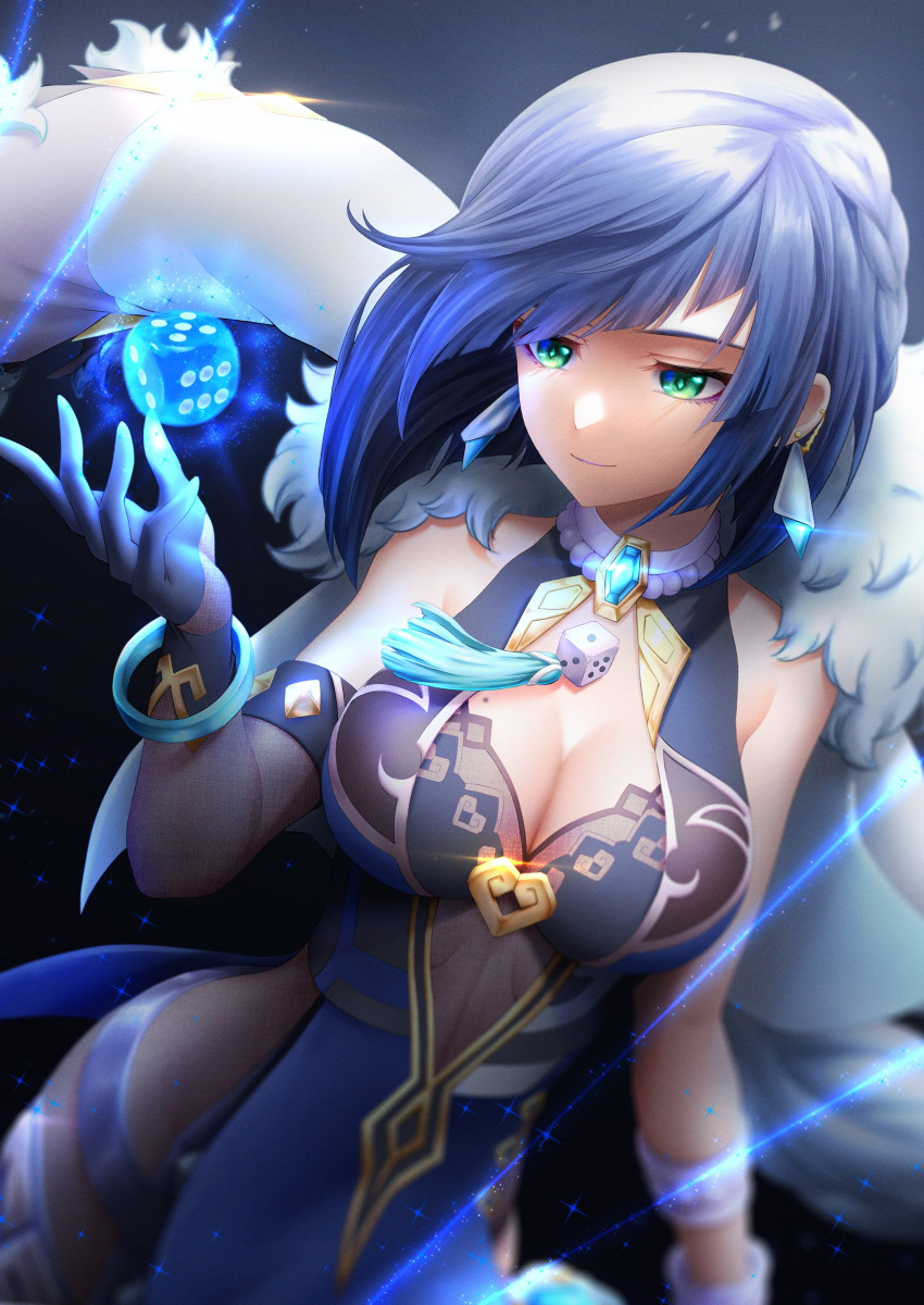 1girl absurdres bare_shoulders blue_dress blue_hair bracelet breasts cleavage commentary dice dress genshin_impact green_eyes hand_up highres jewelry large_breasts royboy short_hair sleeveless sleeveless_dress smile solo upper_body yelan_(genshin_impact)