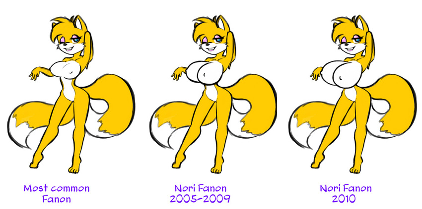 big_breasts blue_eyes breast_expansion breasts canine crossgender female fox huge_breasts mammal melissa_"tailsko"_prower-henegan multiple_tails nipples norithics plain_background rule_63 sega solo sonic_(series) sonic_team tails white_background