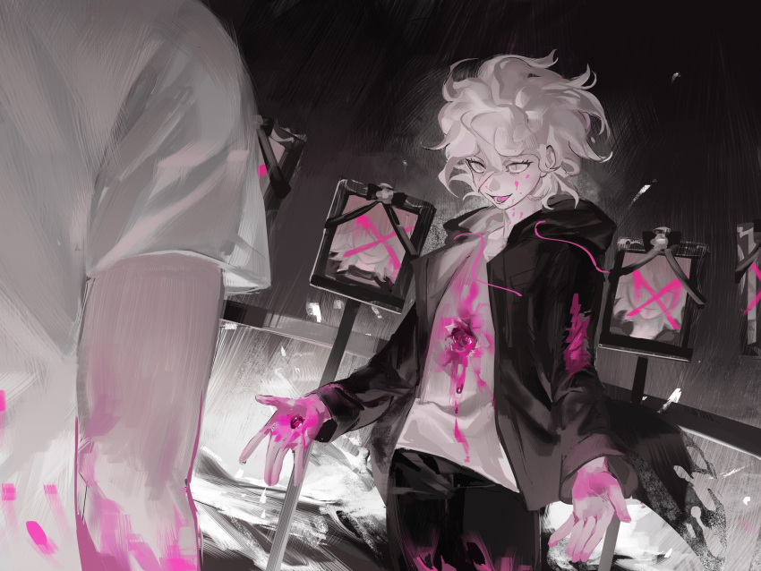 2boys ashva beckoning black_background blood blood_on_clothes blood_on_face blood_on_hands commentary_request cowboy_shot danganronpa_(series) danganronpa_2:_goodbye_despair eyelashes face-to-face gradient_background greyscale highres hinata_hajime hole_in_chest hole_on_body hood hood_down hooded_jacket iei injury jacket komaeda_nagito long_sleeves looking_at_another lower_teeth_only male_focus messy_hair monochrome multiple_boys open_clothes open_jacket open_mouth pants pink_blood shirt short_sleeves slit_pupils smile solo_focus spoilers teeth