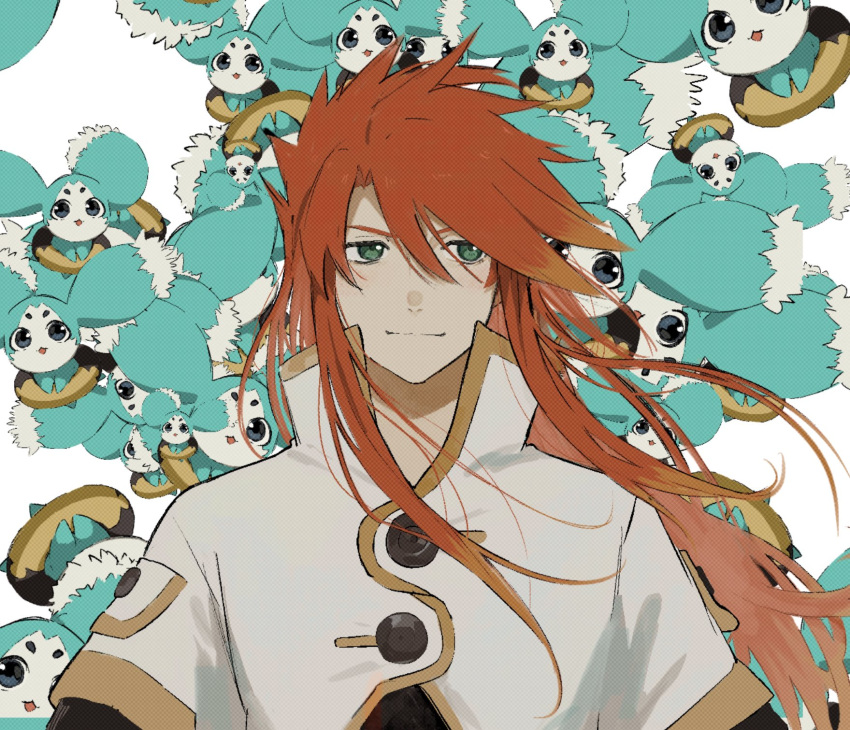 1boy black_shirt buttons closed_mouth commentary_request creature green_eyes hair_between_eyes highres jacket light_smile long_hair luke_fon_fabre meba mieu_(tales) popped_collar red_hair shirt short_sleeves sidelocks spiked_hair tales_of_(series) tales_of_the_abyss upper_body white_jacket